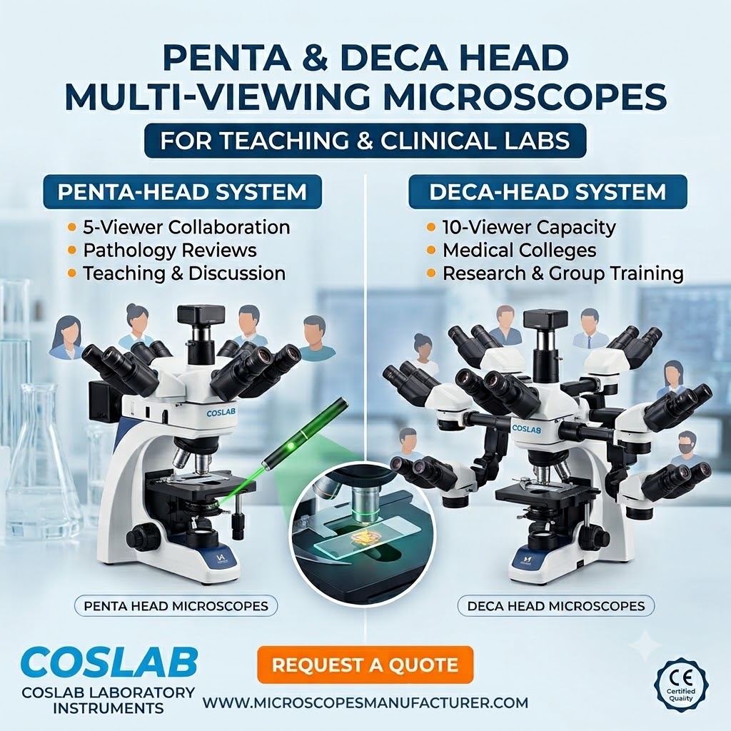 Camera Attachment Penta & Deca Head Multi-Viewing Microscopes for Teaching & Labs | Microscopes Manufacturer